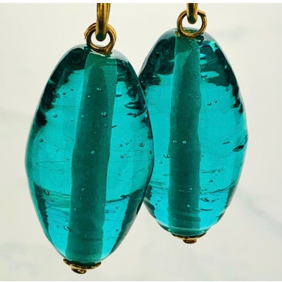 RARE VTG 80s Liza O Etruscan Ram Head Teal Colored Hand Blown Art Glass Earrings - Picture 3 of 9